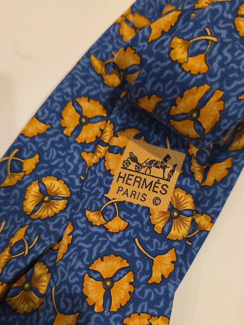 Hermes Flower Tie Silk Made In France Gold And Navy Blue Floral Pattern Authenti